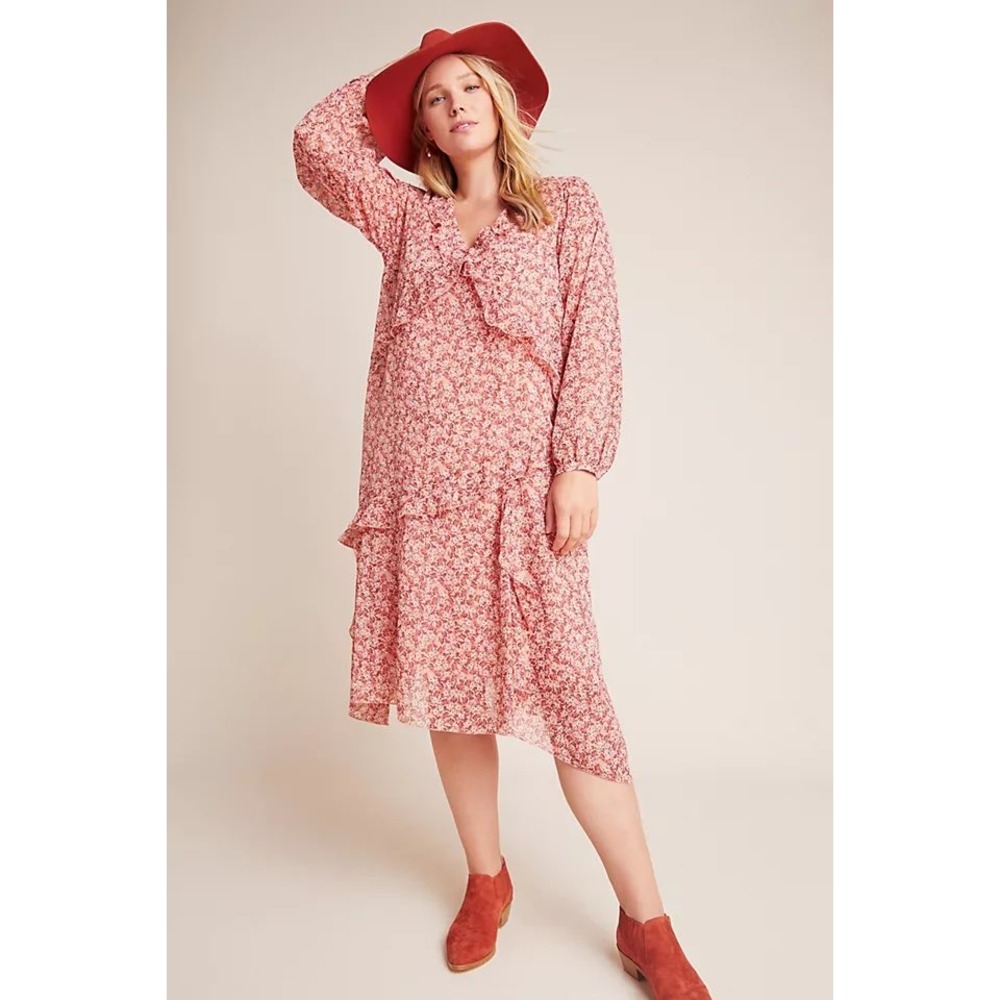 Maeve Anthropologie Sirena Ruffled Tunic‎ Floral Midi Dress Red Pink Size XL